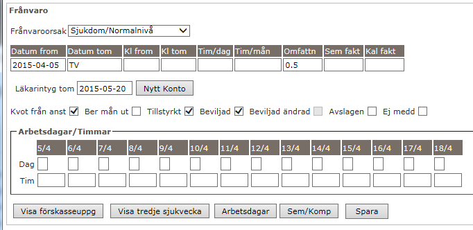 Ny sjukdomsperiod Om den anställde inte har en pågående sjukdomsfrånvaro väljs Ny post efter det att den anställde har hittats i listan. Vid Frånvaroorsak väljer du Sjukdom/ Normalnivå.