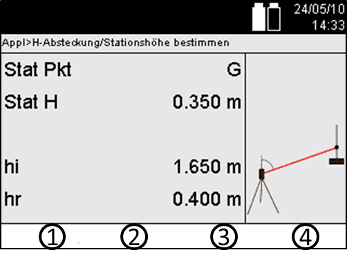 10.3 Rikta in höjd för instrumentet Om arbetet med stationering och orientering dessutom ska utföras med höjder, dvs.