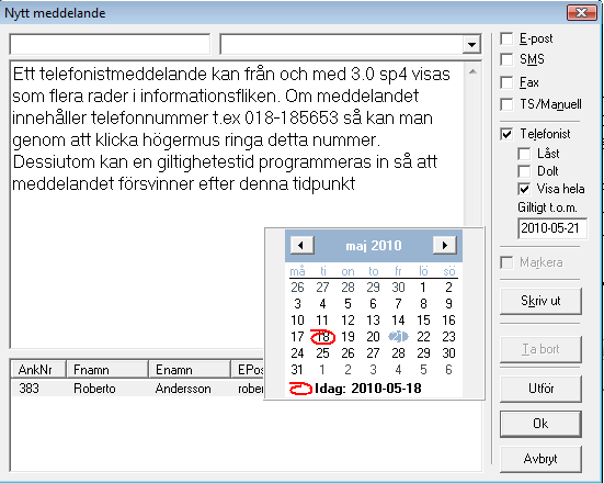 6.1.4 Skapa Kataloginformation Genom att markera Telefonist sparas meddelandet som s.k. Kataloginformation, som är avsett att vara extra information för telefonisterna.