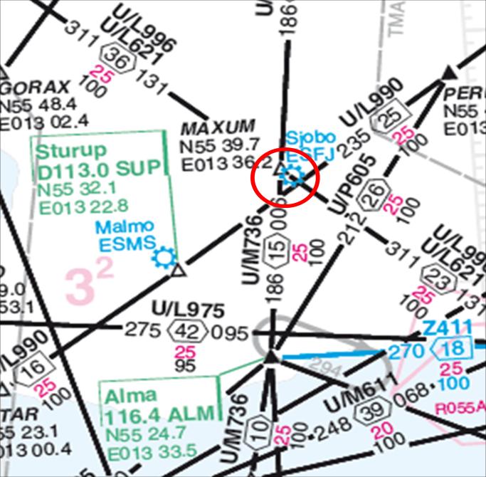 17 Fig. 6. Förstorad del av en-routekartan. Händelsen inträffade vid Sjobo, ESFJ, markerad med röd cirkel.