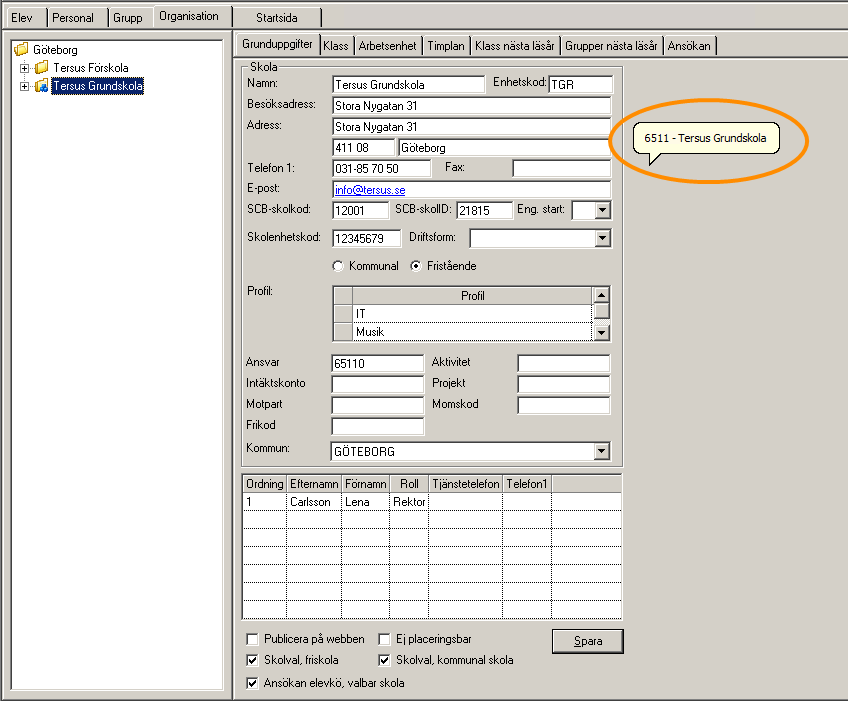 SkolID För att se vilket skolid just er skola har finns det en tooltip under huvudflik Organisation, detaljflik Grunduppgifter. Ställ markören på den grå bakgrunden för att synliggöra ID.