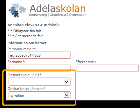 Grundskola ansökan visa Barn Nuvarande skola Visar checkboxen Nuvarande skola, vid byte av skola. Sätts en bock i denna checkbox öppnas fälten Skola samt Tel nr.