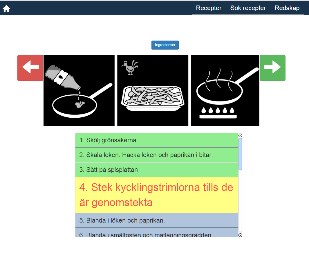 Figur 7. Tillverkningsskedet ensamstående. I Figur 7 visas tillverkningsskedet. Den blåa Ingredienser-knappen för användaren tillbaka till receptfliken (Figur 6).