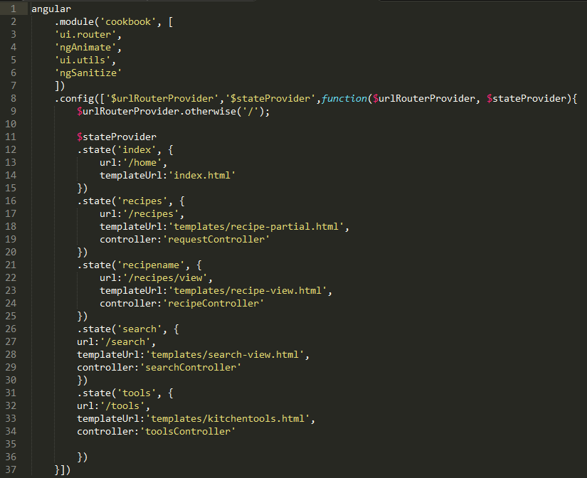 Figur 12. Filen app.js i e-kokboksprojektet. AngularJS-applikationen definieras här. Navigeringsdirektiven defineras i funktionen $stateprovider.