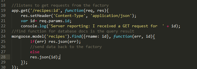 Figur 16. Schema-filen recipes.js för mongoose-modulen. Express (Figur 15) är gränssnittet för HTTP-modulen i Node.js. Denna model sköter om funktionalitet såsom exekvering av en GET-förfrågning till databasen (Figur 17).