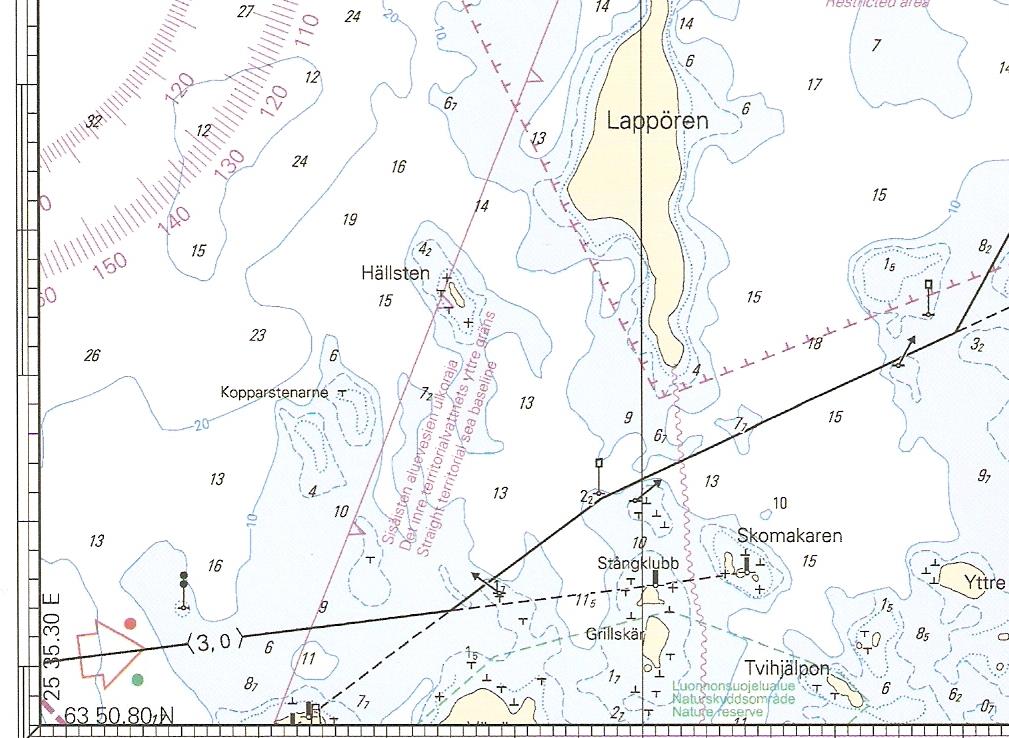 Uppgift 1. Du befinner dig vid början av 3,0 m farleden sydväst om Lappören och bestämmer dig för att kontrollera reservkompassens deviation.