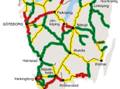 Nedanstående karta visar det av Trafikverket bedömda kapacitetsutnyttjandet med antagen trafikering enligt Basprognosen år 2030 på banorna i södra Sverige.