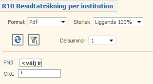 För att välja en rapport dubbelklickar du på Rapportens namn, t ex R10. Fyll i den 3-ställiga nivån som representerar institutionen så laddas rapporten.