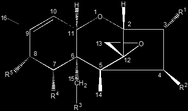 DON tillhör ämnesfamiljen Thrichotecener (kan delas in i typ A, B, C, D) Trichothecene R 1 R 2 R 3 R 4 R 5 HT-2 toxin OH OH OAc H OCOCH 2 CH(CH 3 ) 2 T-2 toxin OH OAc OAc H OCOCH 2 CH(CH 3 )