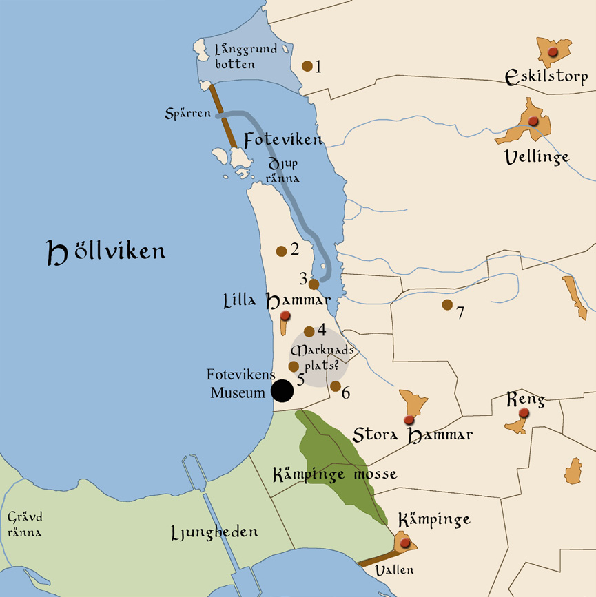 Karta över området kring Foteviken och Höllviken. 1: Medeltida ringvall vid Eskilstorp.