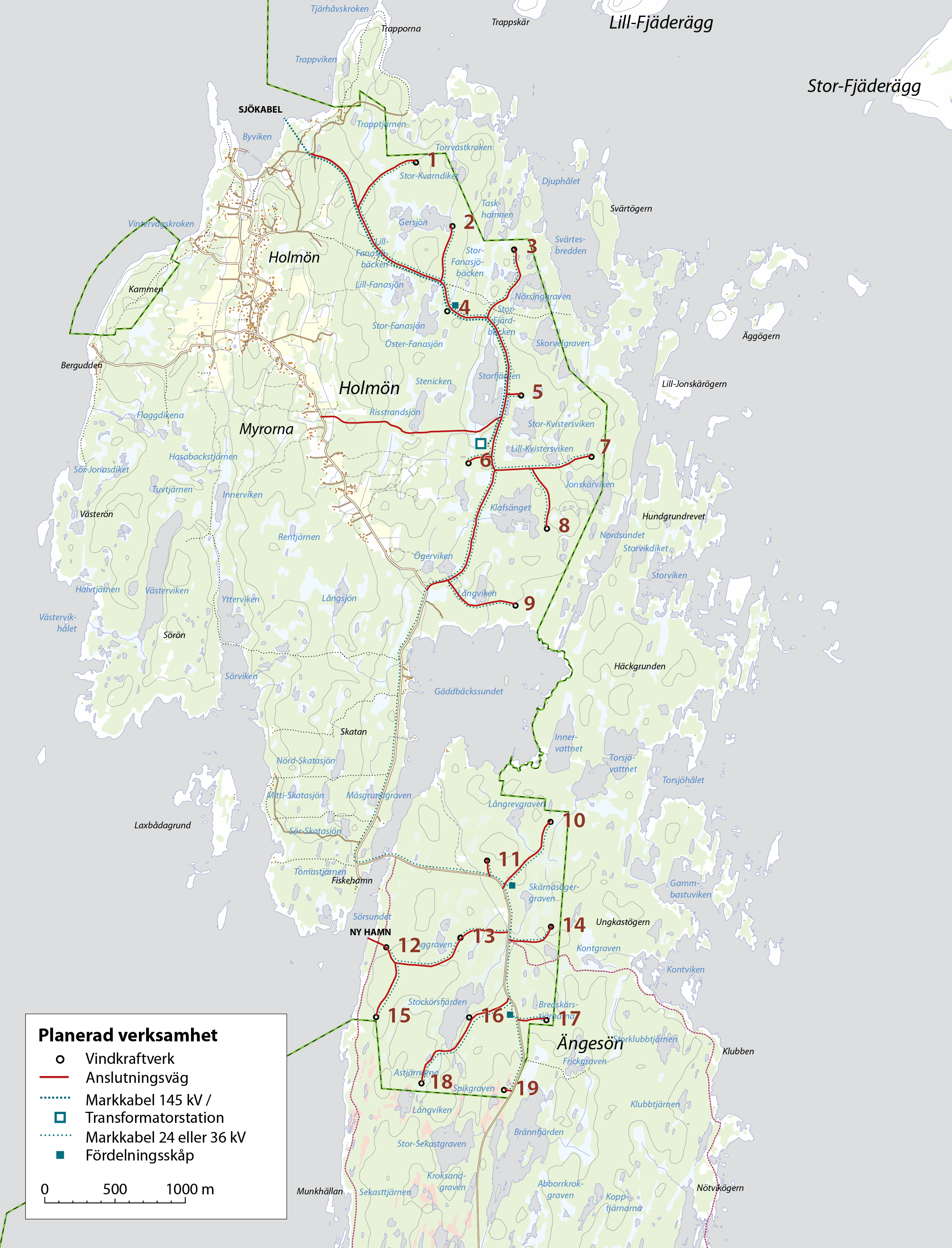 NY KARTA SKA IN Figur 6. Planerad utformning av verksamheten med vindkraftverk 1-19, vägar (röda linjer) och ny hamn vid verk 12.