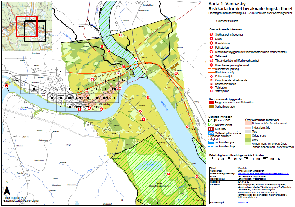 Länsstyrelsens riskkartor samt området norr om det av MSB utpekade området Karta 2: Riskkarta Vännäsby, vid beräknade högsta flödet.