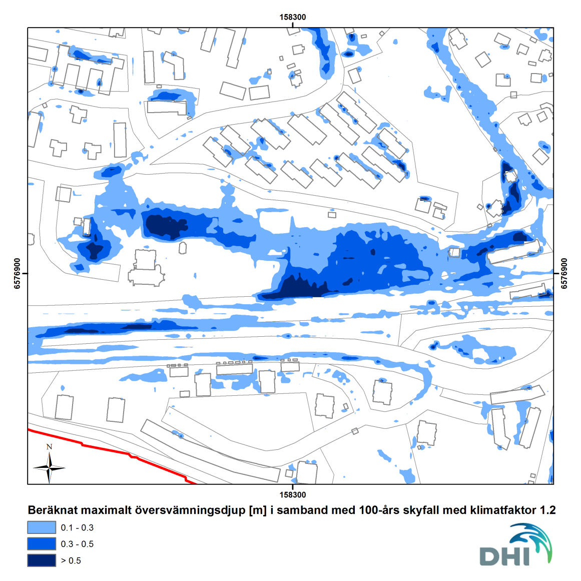 Figur 12 Beräknat maximalt översvämningsdjup vid