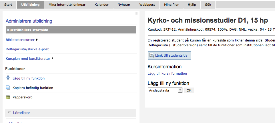 Uppsala Learning Lab Introduktion till Studentportalen 9 (19) Studenterna ser all information från institution, kurs, kurstillfälle, samläsning och kurstillfällesdel på sin kurssida.