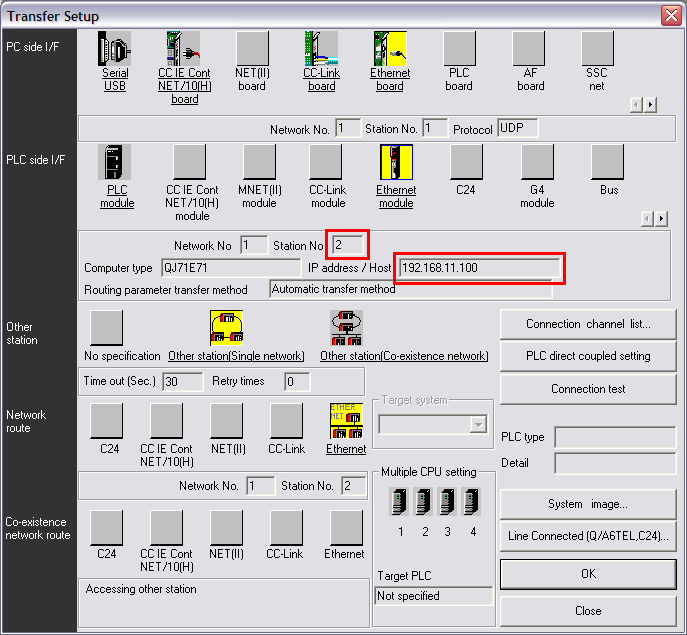 6.2 Kommunikationsinställningar i GX IEC Daveloper Under Transfer Setup / (Ports) i Online-menyn markeras Ethernet enligt bilden nedan.