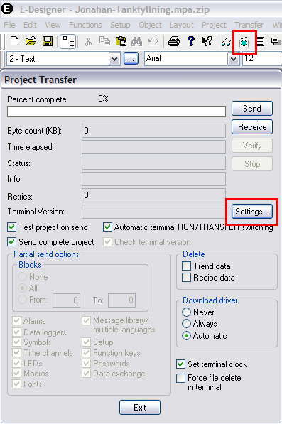 6.3 Kommunikationsinställningar i E-Designer Klicka på Transfer i verktygsfältet.