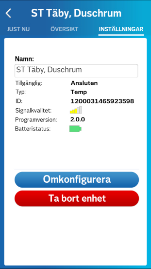 För att kunna se detaljinformation och grafer för respektive enhet och elanläggning klickar du på pilen ute till höger Här ser du aktuell temperatur för den interna och externa sensorn.