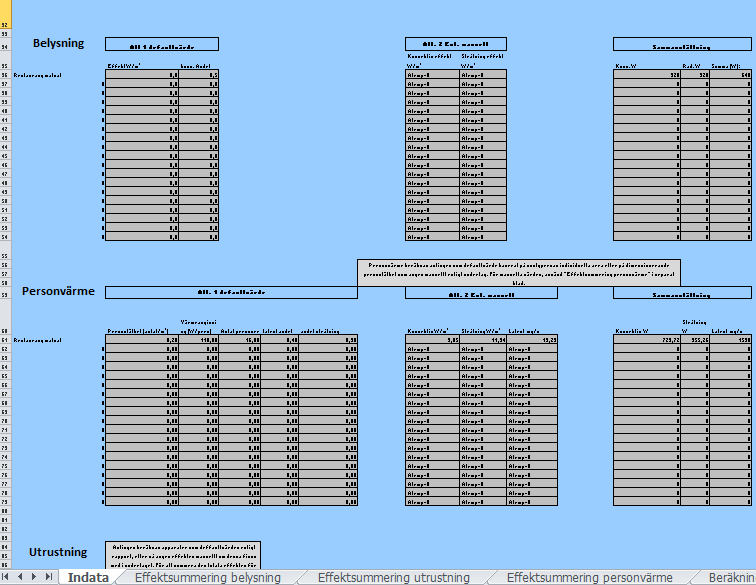 Allmänt upplägg För varje typ av brukarrelaterade parametrar kan användaren att antingen låta Excel beräkna indata