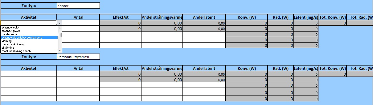 Manuell inmatning Möjlighet för manuell inmatning i separata blad kopplade till huvuddatabladet. För personer, belysning och övr. utrustning kan laster beräknas utifrån detaljerade inmatade värden.