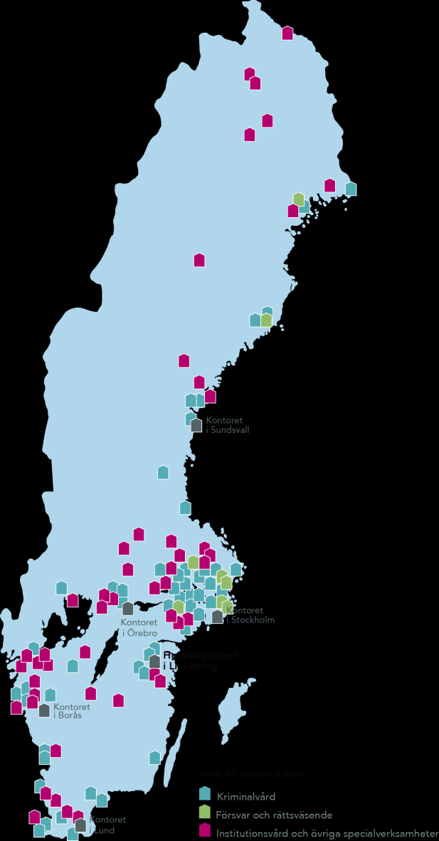 Vårt fastighetsbestånd 2012-12-31 Affärsområde Totalt kvm Kriminalvård 458 080 Försvar och rättsväsende 323