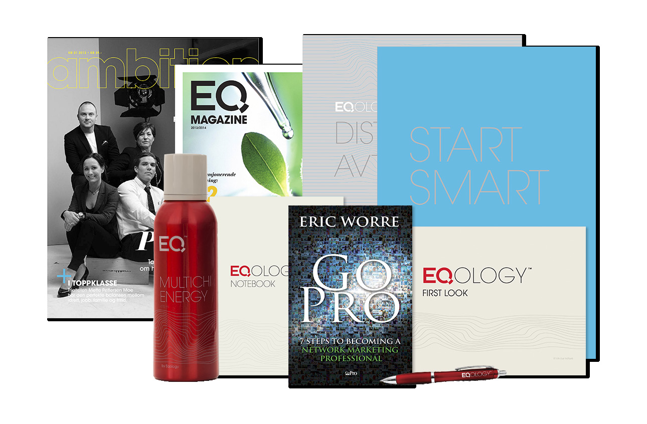 Gå med i Eqology EQ REGISTRATION KIT EQ BUSINESS KIT 1 EQ Multichi Energy, 2 EQ Multichi Energy produktark, 1 Ambition, 1 EQ Magazine, 1 First Look, 1 Start Smart, 1 anteckningsblock, 1 penna, 1 Go