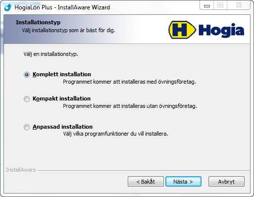 Komplett installation = HogiaLön Plus installeras med tillhörande övningsföretag Kompakt installation = HogiaLön Plus