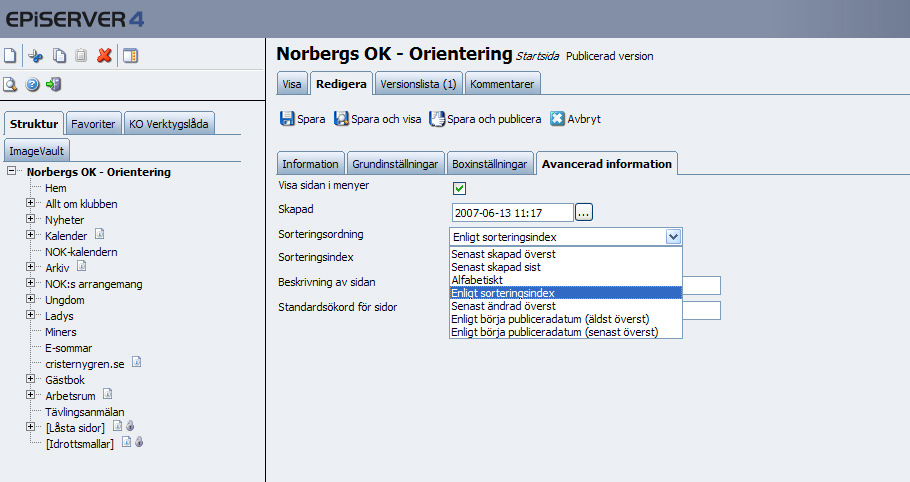 Sorteringsordning på menyer och information www.idrottonline.