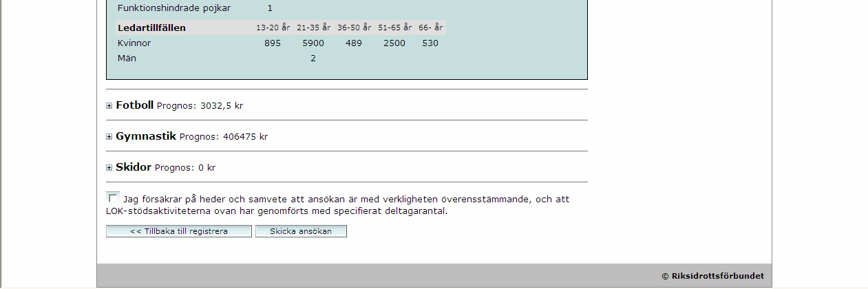 6) Gå vidare till nästa idrott, upprepa steg 1-5 till dess alla idrotter i föreningen där LOKstödsaktiviteter har bedrivits, har fyllts i. Har inga LOK-stödsaktiviteter bedrivits lämnas fältet tomt.