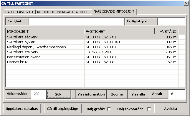 I textrutan Fastighet i flikens övre vänstra del visas namnet på den inzommade fastigheten medan det till höger framgår i textrutan Fastighetsyta vilken area den inzoomade fastigheten har, se fig 20.