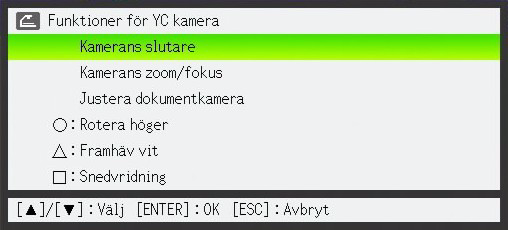 Manövrering av tillämpningsprogrammet YC Camera I detta avsnitt beskrivs de olika typer av projektionsmanövreringar som kan utföras med tillämpningsprogrammet YC Camera samt hur inställningar i YC