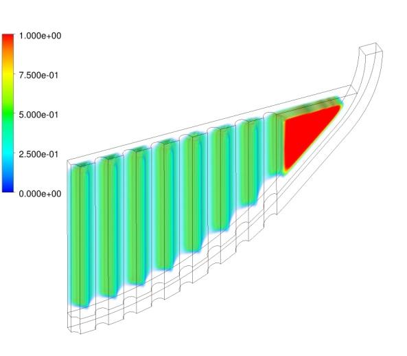 while most part of the lower section has creep strains between 0.02-0.17. Furthermore, the maximum displacement at the bottom center of the pressure vessel has become 0.