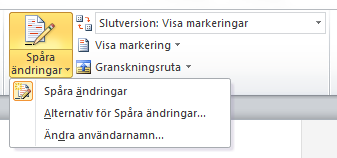 1. Aktivera funktionen Funktionen Spåra ändringar finns under menyfliken Granska. Bild 1. Slå på funktionen genom att klicka på knappen Spåra ändringar.