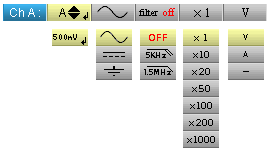 Oscilloskopläge Meny kanal "A" eller "B" Meny kanal "A" eller "B" Tryck på en av tangenterna för att välja kanal. Huvudmeny Sekundär menyer menu ( ) I området 200 mv/div.