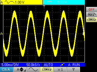 Oscilloskopläge Meny kanal "A" eller "B" (forts.) 2. Kanal filter Överlagring av 2 sinussignaler med en frekvens av 100 Hz och 3 MHz.