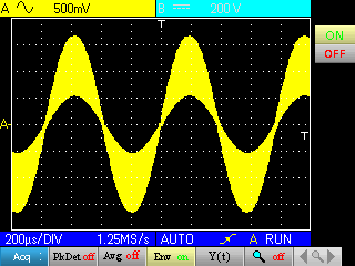 Oscilloskopläge Meny "Acq" Inspelning (forts.) 3. Inspelning med Envelope»Env«Observation av en amplitudmodulerad sinusformad signal Utan»Env«-funktion.