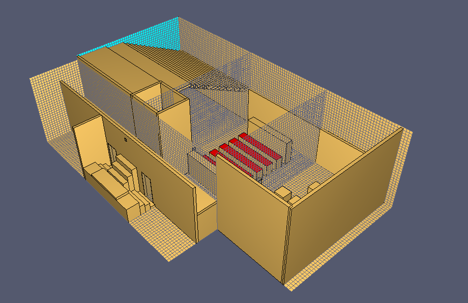 Figur 35. Visar geometrin av verkstadsområdet uppbyggt i Pyrosim. Tabell 15. Presentation av de uppmätta utrymmena i verkstadsområdet.