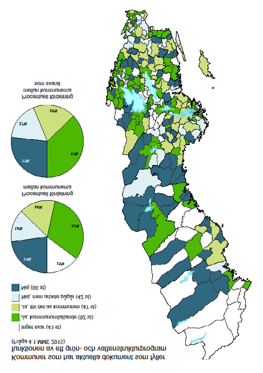 Figur 11: Geografisk spridning av kommuner med aktuella dokument som fyller funktionen av ett grönt- och vattenstrukturprogram.
