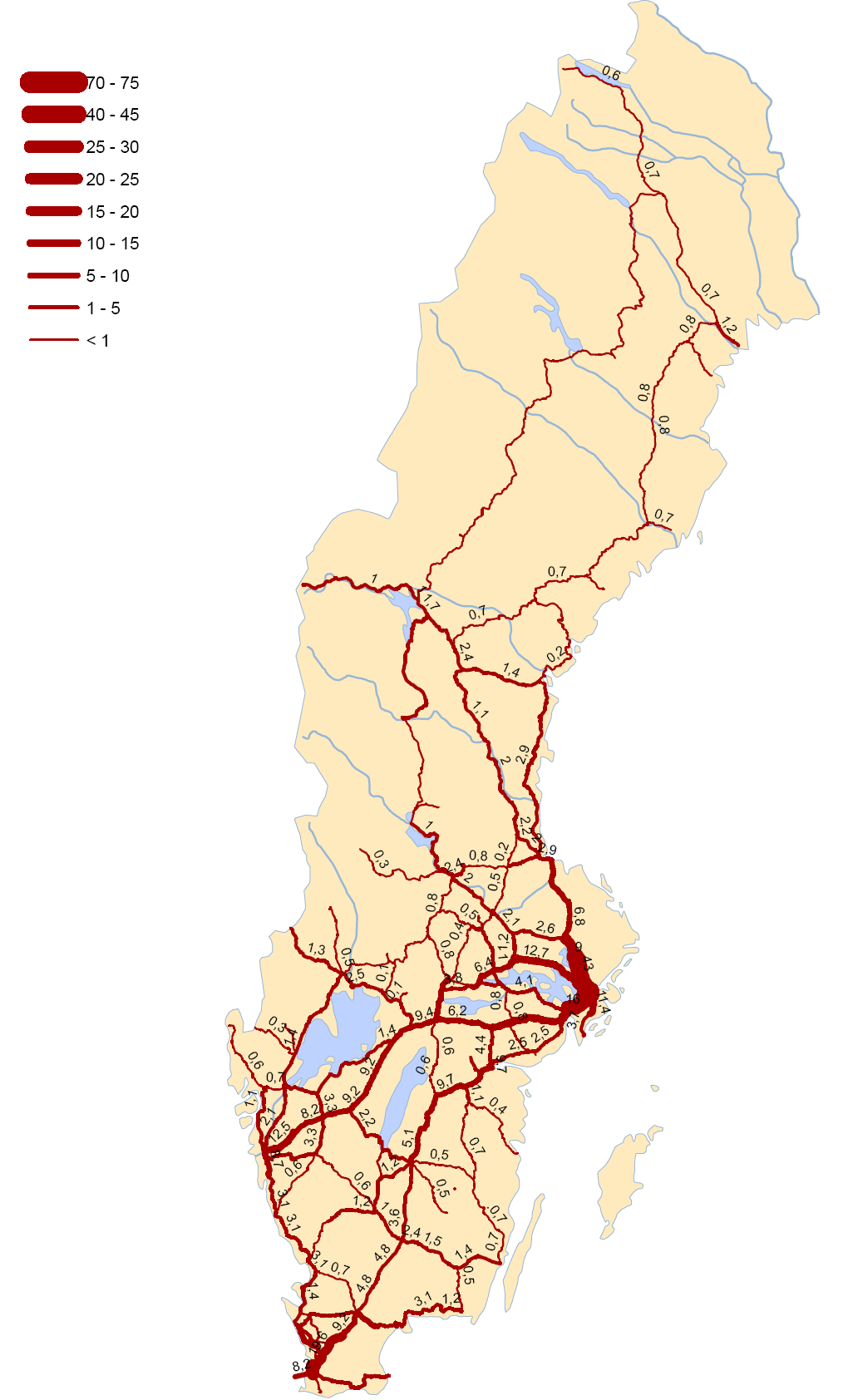 23 Figur 6. Total persontågvikt per bandel år 2008 exkl.