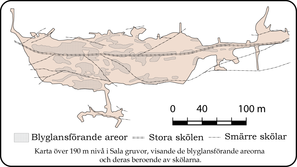 Figur 6 Skölzonerna inom Sala gruva på 190 m nivå och deras betydelse för blymalmen (efter Magnusson 1953). Carl XI:s schakt längst till höger i figuren. 3.