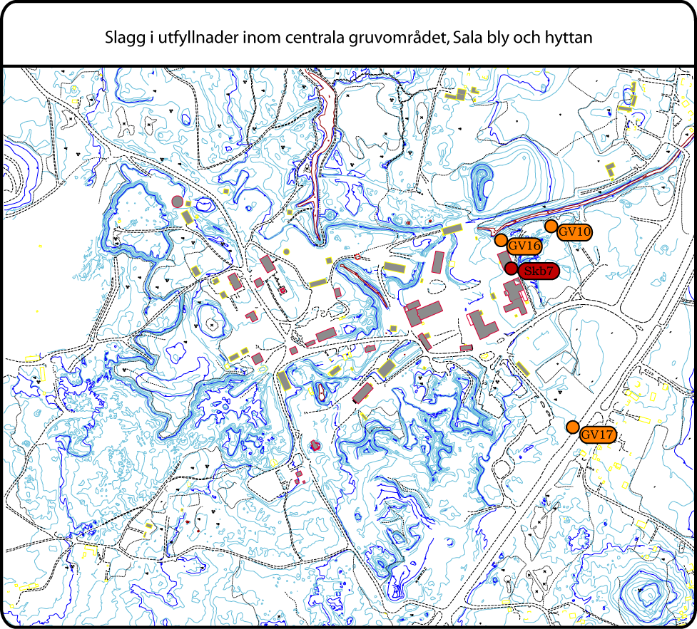 Figur 39 Profiler inom gruvområdet där slagg i varierande omfattning påträffats.