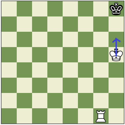 Figur 8 Bild som visas hur vit kan göra remi. Den svarta kungen hotas inte, men samtidigt kan den inte flytta sig någonstans utan att hotas av tornet eller den vita kungen.