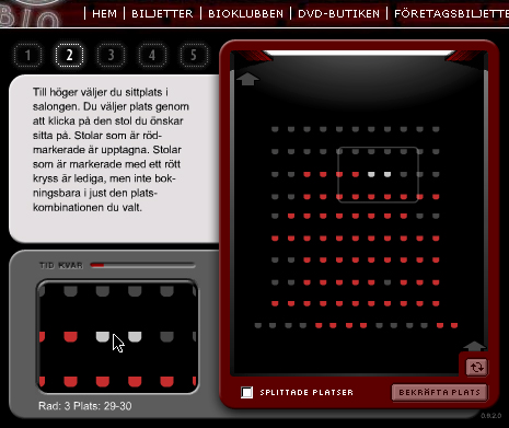 betalmedel). Alternativt kan användaren Reservera biljett och väljer då antal biljetter och skriver sedan in sitt telefonnummer i textinmatningsrutan under.