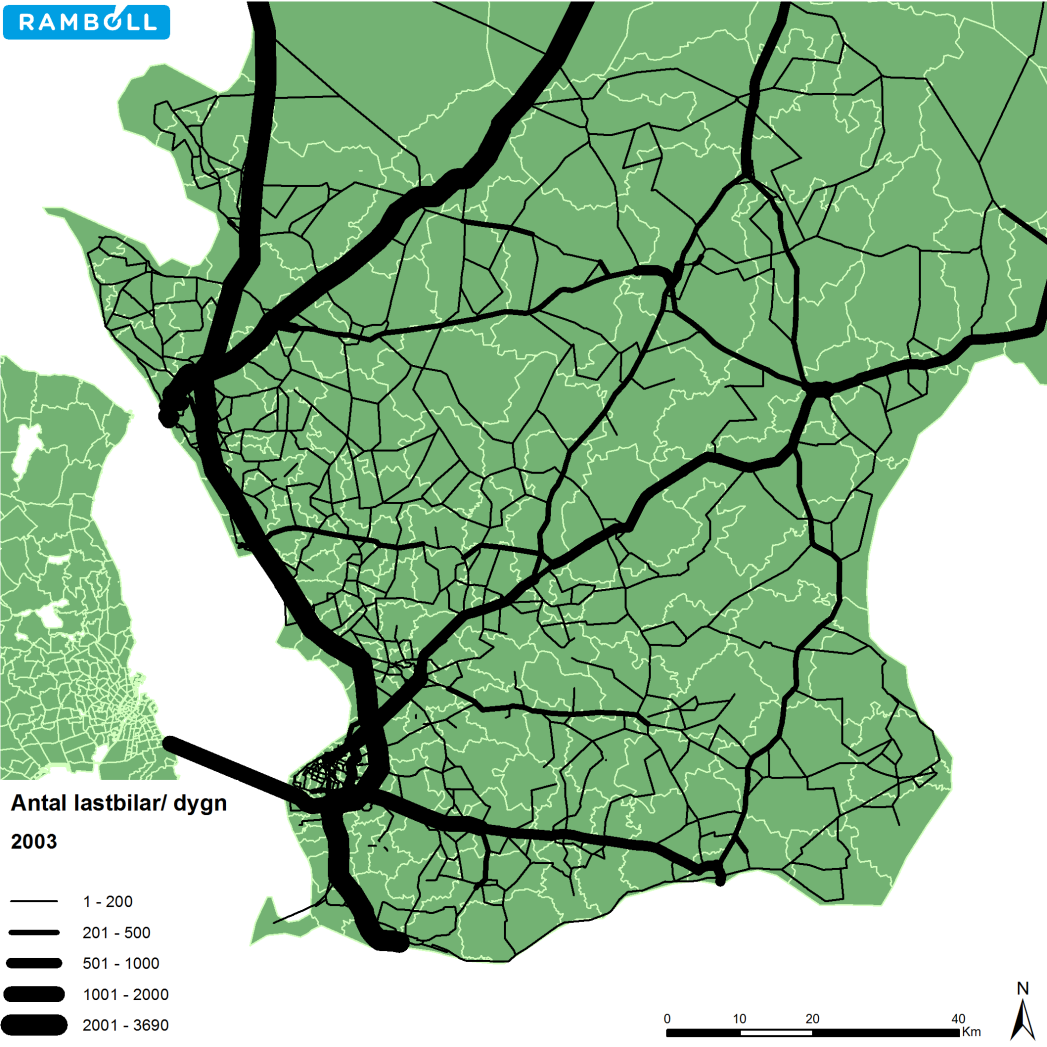 Figur 59: Modellberäknade godstransportflöden, ton, på väg 2003.