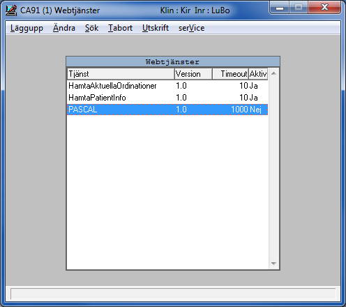 LÄKEMEDEL SIDA 33 (39) CA91 Webtjänster För dospatienter finns webbtjänster för integrationen till Pascal som kan aktiveras eller inaktiveras var för sig. Formuläret kräver särskild systembehörighet.