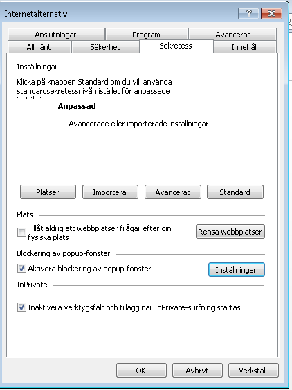 Internet Explorer 9 - popup-fönster Välj Sekretess och klicka i