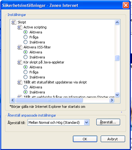 Internet Explorer 8 - aktivera JavaScript Välj flik Säkerhet och knappen Anpassad
