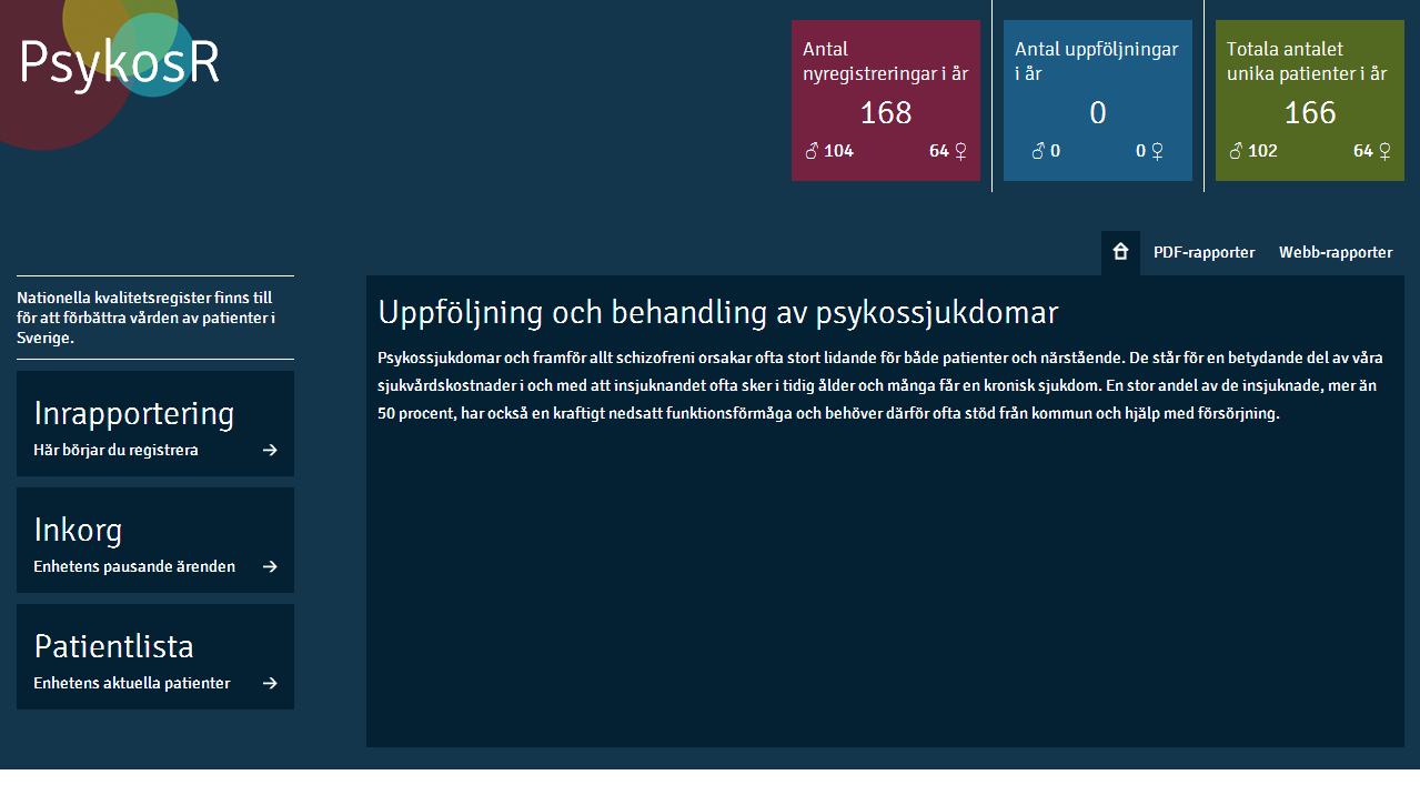 7. Du hamnar sedan i nedanstående meny. Under Organisation väljer du PsykosR och under Roll väljer du Inrapportör (Kvalitetsregister) (i exemplet nedan är personen inloggad som administratör).