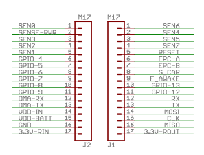 4.3.2 AD-HOC nätverk Figur 4-6. WiFly-kort (Schematic [1]) För strömmatning till WiFly-kortet måste man koppla VCC (pin 3) på FTDI-kabeln till VDD- BATT (pin 15) och VVD-IN (pin 14) på WiFly-kortet.