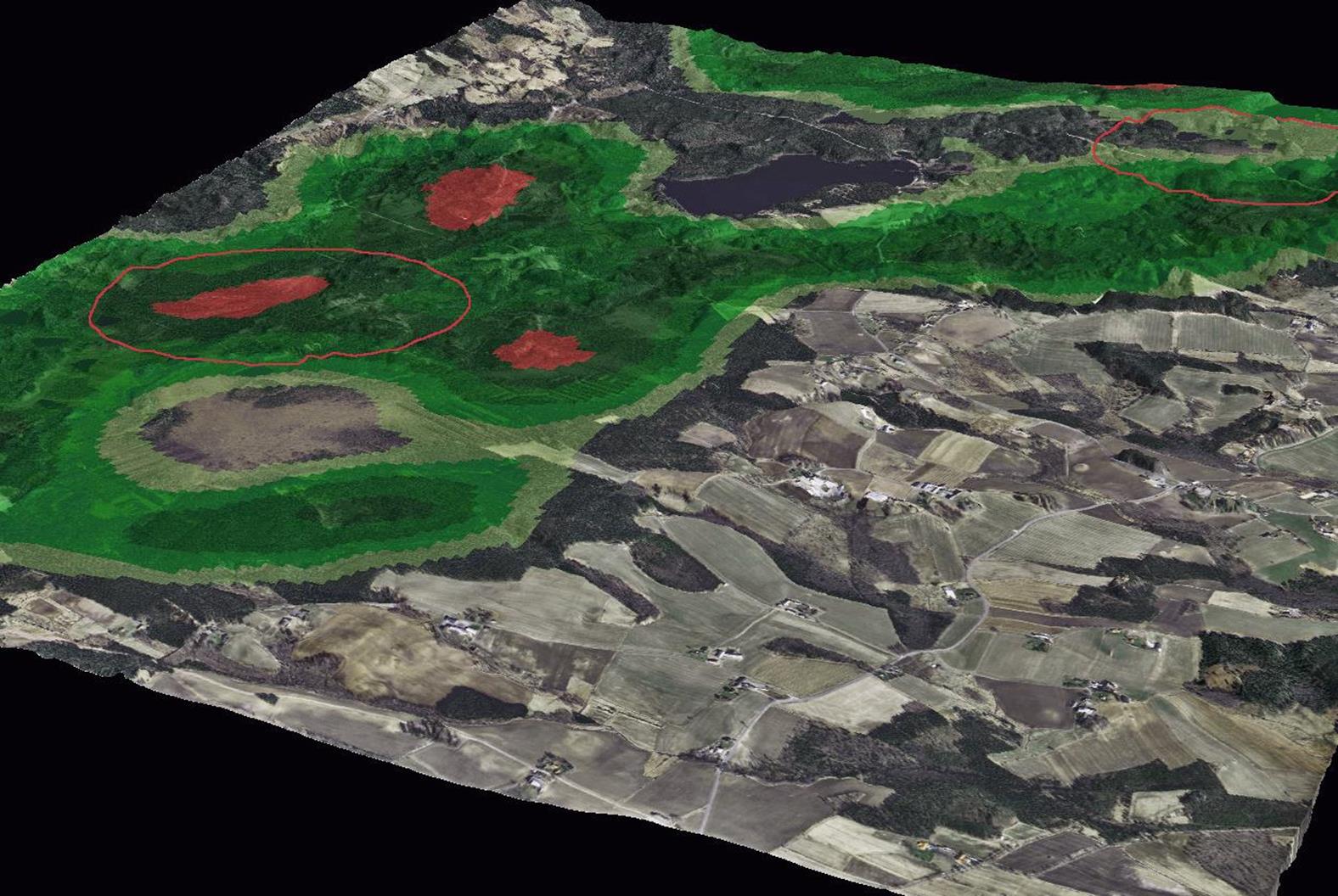 Visualisering ortofoto med modellerade kärnområden för tjäder