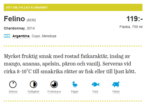 3. Fellino Varm, baktung avslutning. Alkoholhalt 14,5 % Färg Gul färg. Doft Mycket fruktig doft med rostad fatkaraktär, inslag av mango, ananas, apelsin, äpplen och vanilj. Råvaror Chardonnay.